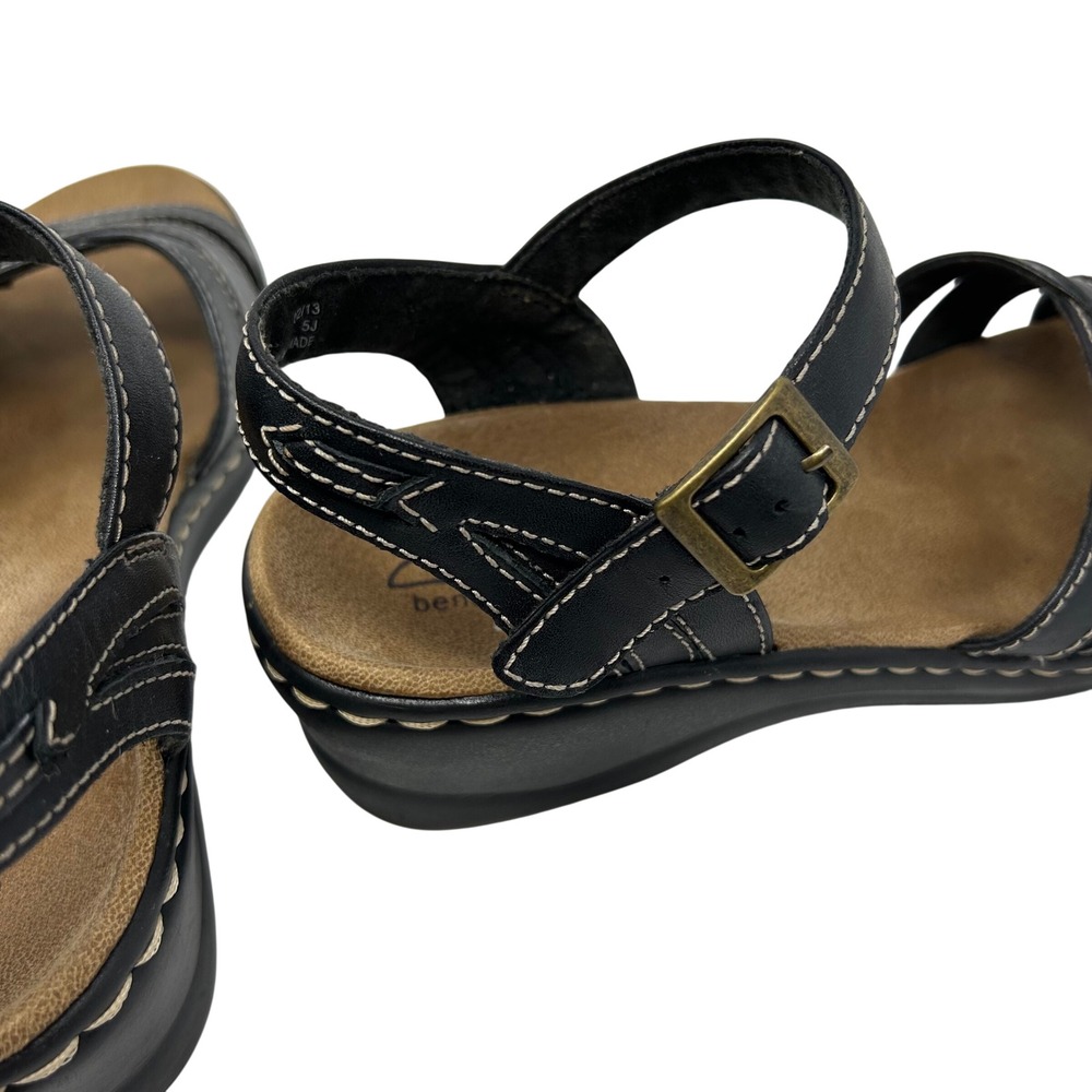 Clarks Bendables Black Leather Wedge Sandals Strappy Ankle Strap Womens 7.5 - Picture 6 of 14
